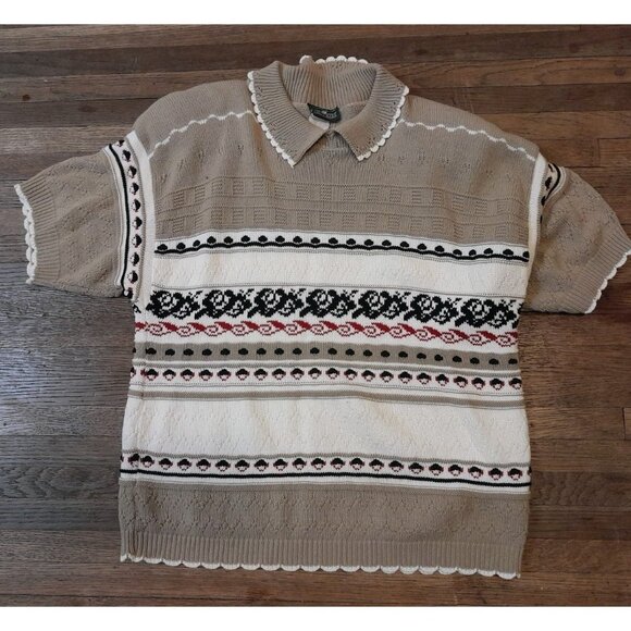 Vintage Womens Grandpa Sweater Sz Small Knit Polo 3D Beige Fair Isle Stripe - Picture 1 of 6